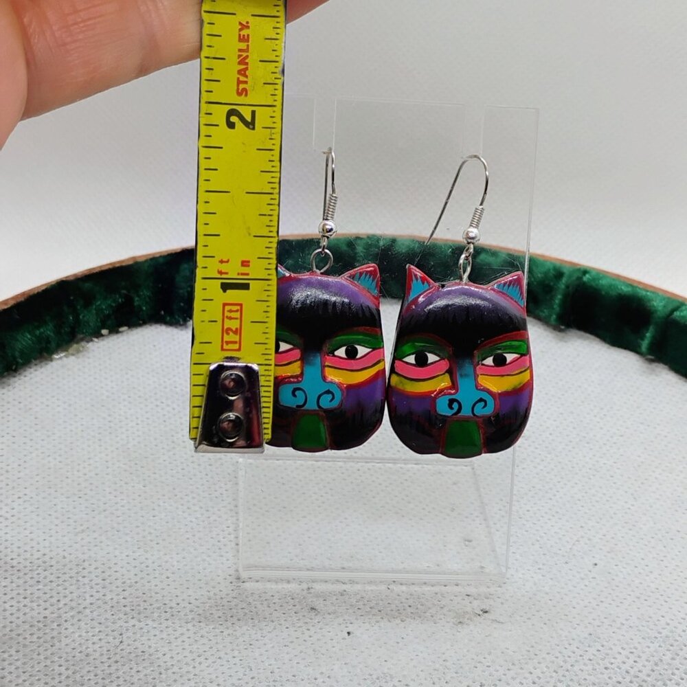 Wood Painted Cat Dangle Earrings Egyptian Asian Boho Style - Picture 3 of 4